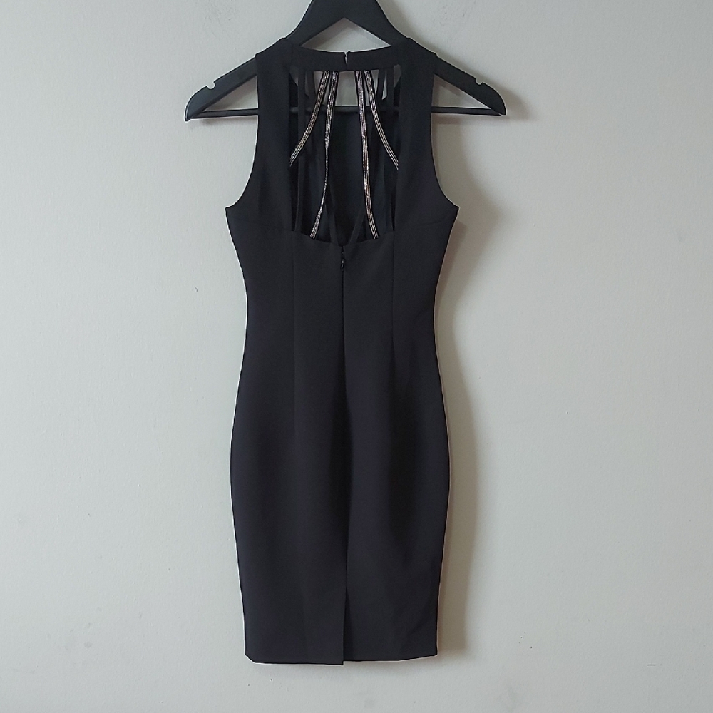 RW&CO Black Sleeveless Sheath Dress Size 00 Cutout Embelished Back Halter Midi